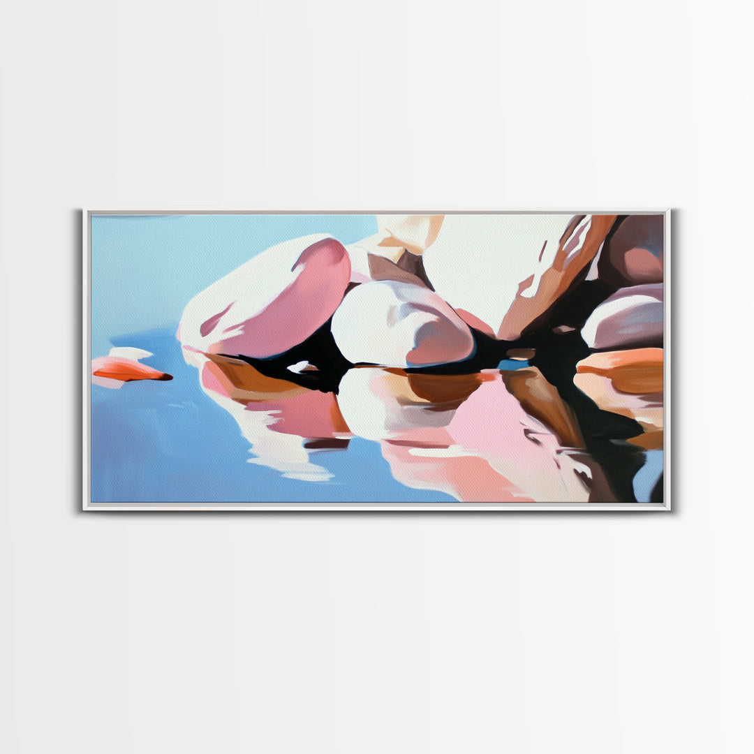 River Rocks, Reflections, Framed Canvas Print, Minimalist Nature Art, Abstract Water Scene, Earthy Wall Art, Modern Decor, Living Room