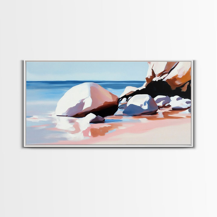 Ocean Stones, Beach Scene, Framed Canvas Print, Coastal Wall Art, Pastel Seascape, Nautical Decor, Serene Artwork, Bedroom Wall Art