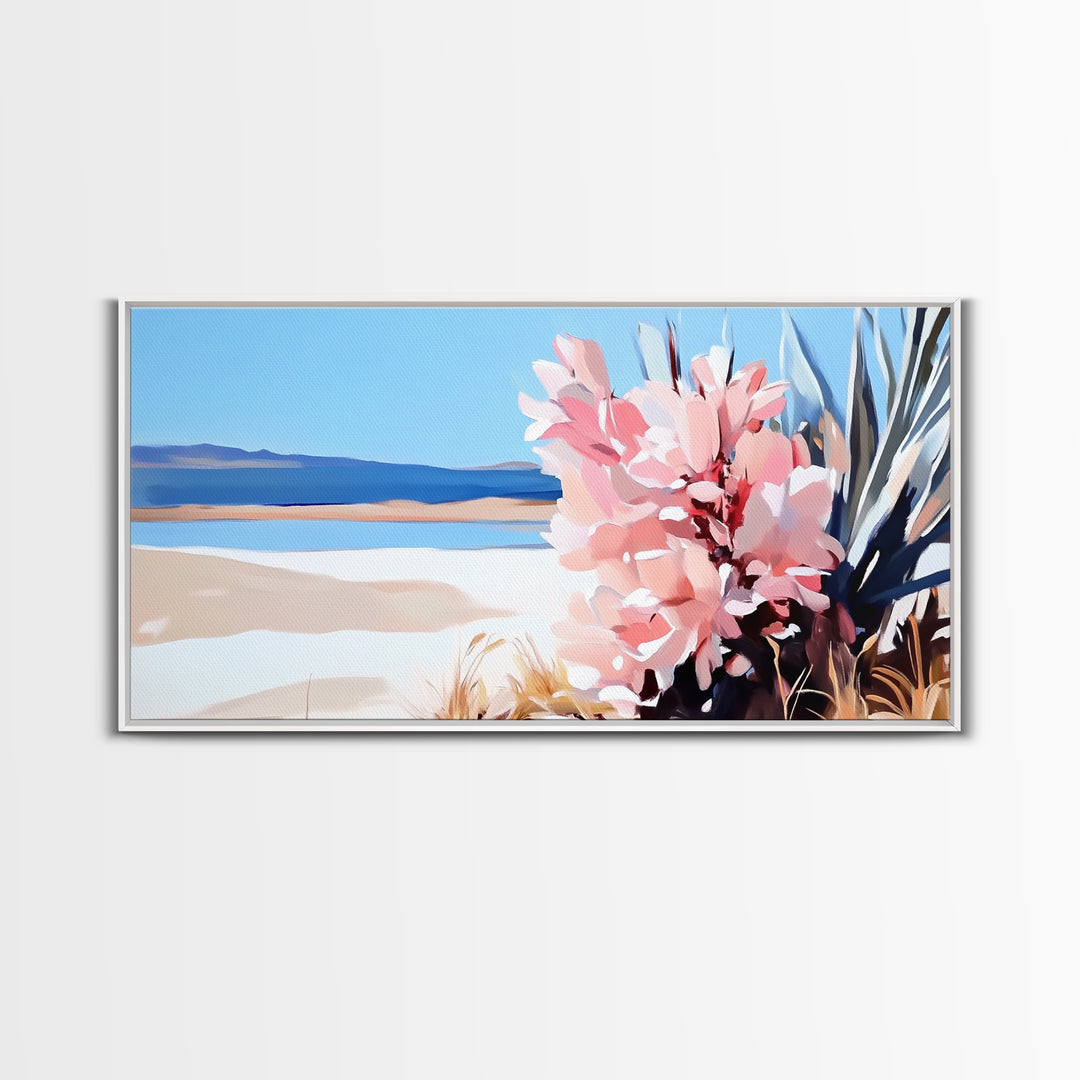 Desert Bloom, Southwest Landscape, Cactus and Flowers, Warm Toned Artwork, Boho Living Room Art, Pink and Blue Painting, Canvas Print