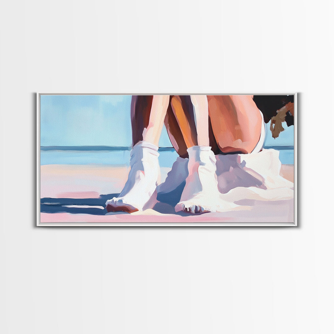 Beach Sitting, Relaxing Moment, Coastal Escape, Soft Pastels, Framed Canvas Print, Boho Art, Bedroom Wall Decor, Modern Minimalist Art