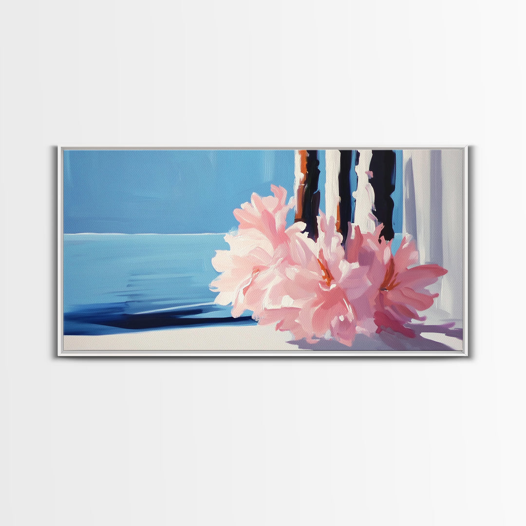 Ocean View, Floral Arrangement, Pastel, Canvas Print, Coastal Wall Art, Beach House Aesthetic, Modern Decor, Blue and Pink Theme