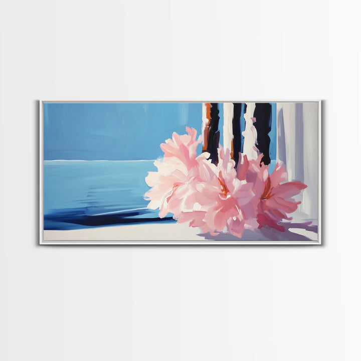 Ocean View, Floral Arrangement, Pastel, Canvas Print, Coastal Wall Art, Beach House Aesthetic, Modern Decor, Blue and Pink Theme