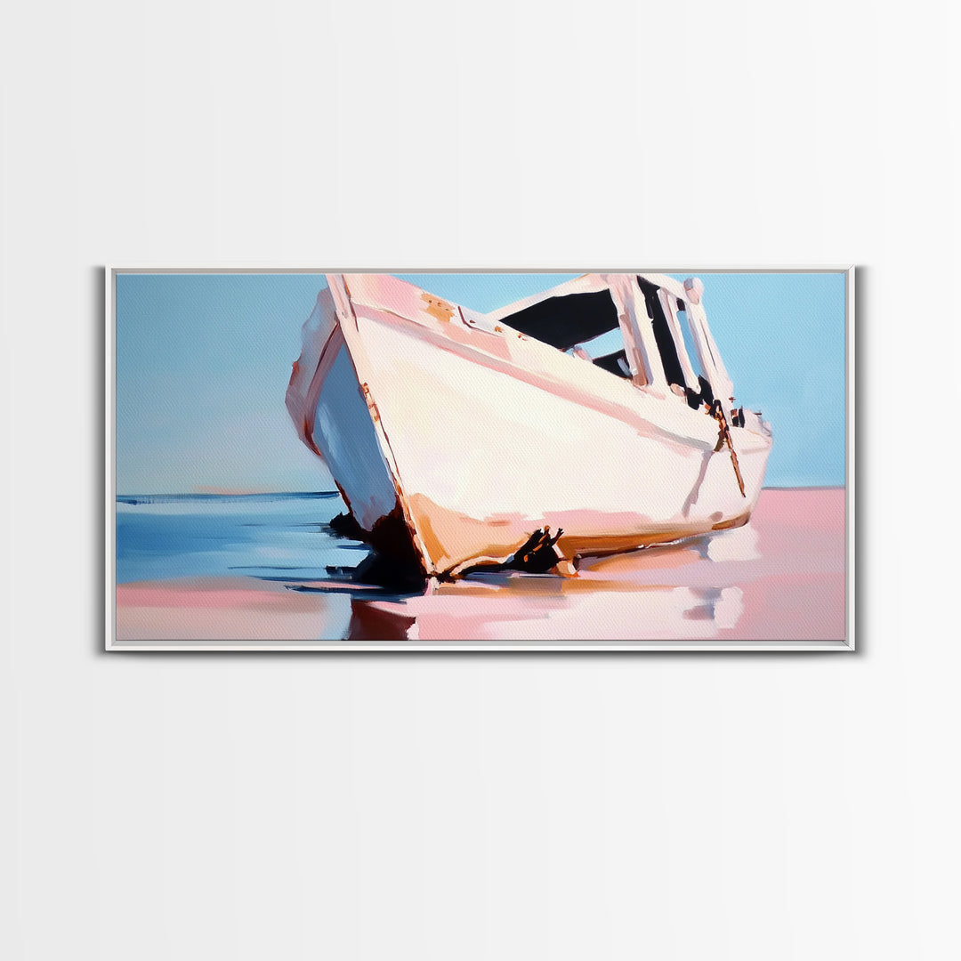 Beached Boat, Coastal Art, Nautical Decor, Canvas Print, Beach House Wall Art, Ocean Painting, Rustic Wall Decor, Living Room Art