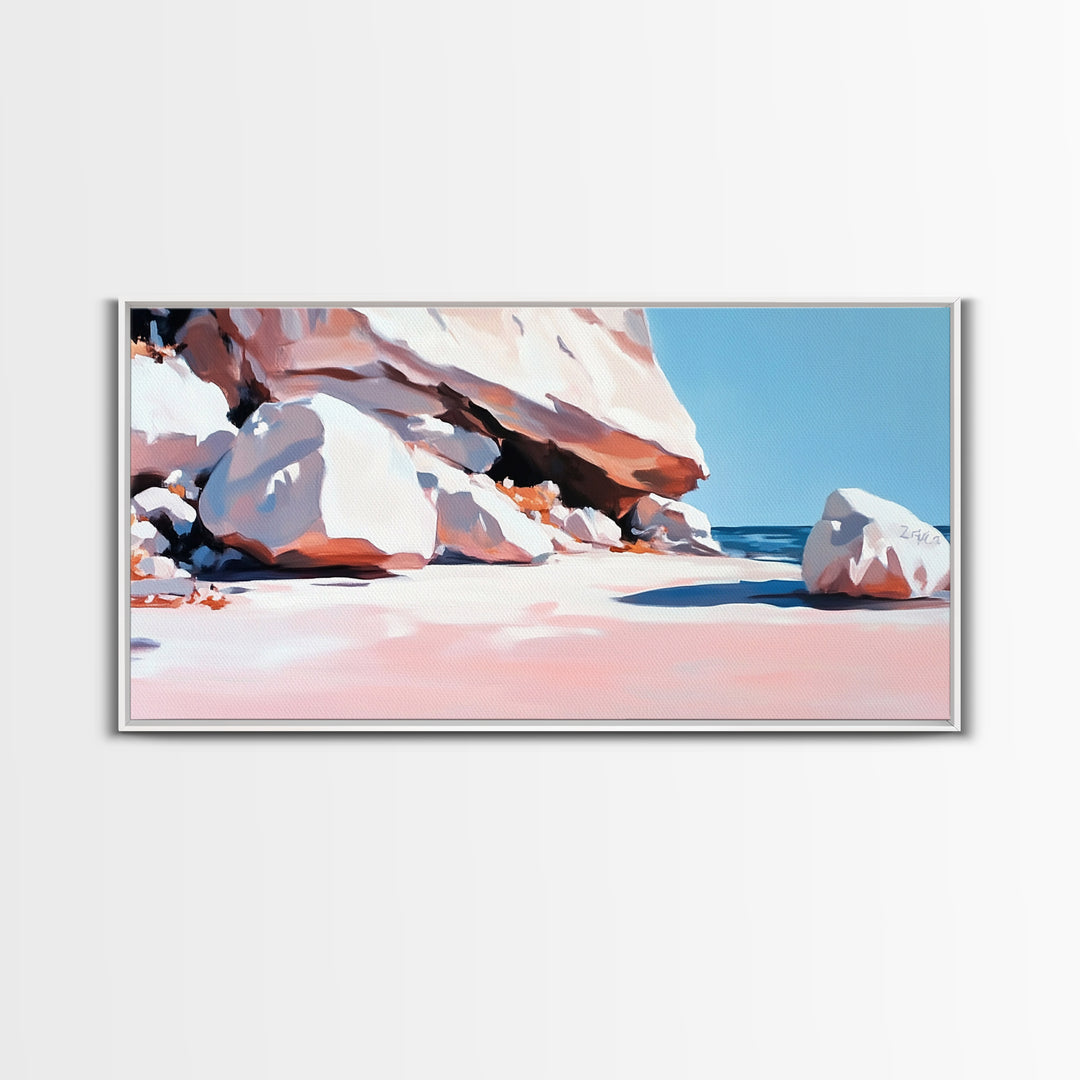 Rocky Beach Scene, Coastal Landscape, Modern Nature Art, Relaxing Seaside View, Framed Canvas Print, Ocean Wall Decor