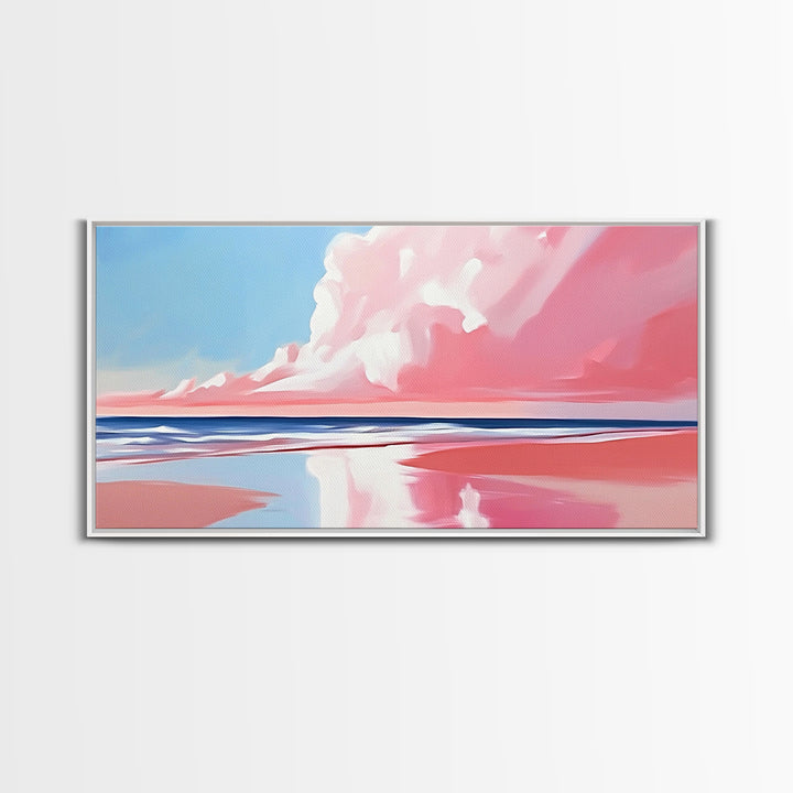 Pink Beach, Dreamy Ocean, Framed Canvas Print, Coastal Art, Minimalist Seascape, Modern Wall Decor, Soft Pastel Landscape