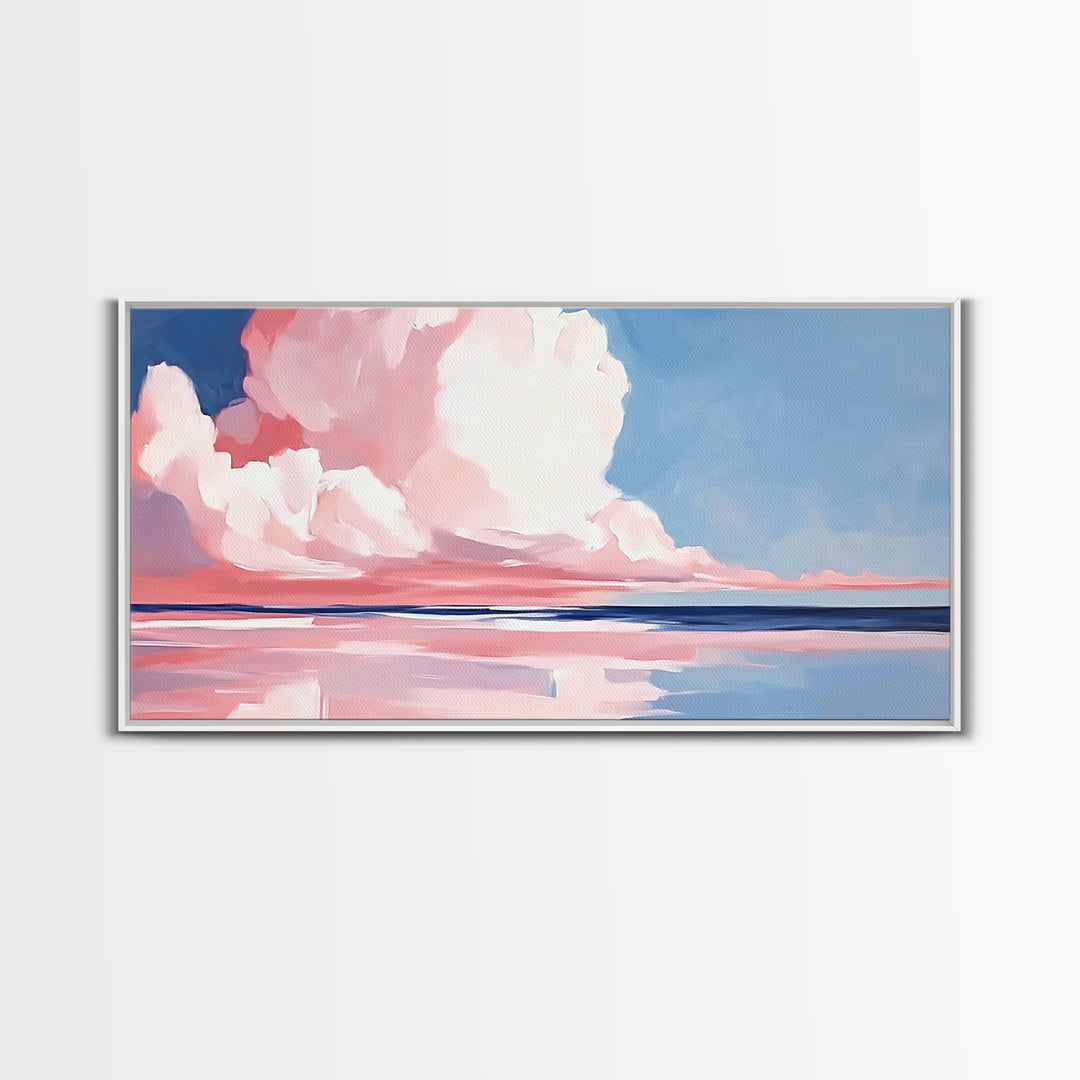 Cloudy Seascape, Pink Horizon, Framed Canvas Print, Coastal Art, Serene Wall Decor, Sunset Painting, Ocean Aesthetic