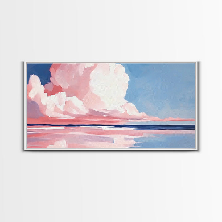 Cloudy Seascape, Pink Horizon, Framed Canvas Print, Coastal Art, Serene Wall Decor, Sunset Painting, Ocean Aesthetic