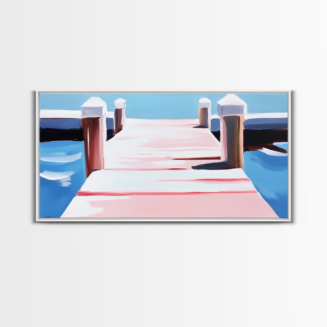 Dockside View, Nautical Art, Framed Canvas Print, Coastal Wall Decor, Beach House Aesthetic, Minimalist Ocean Painting