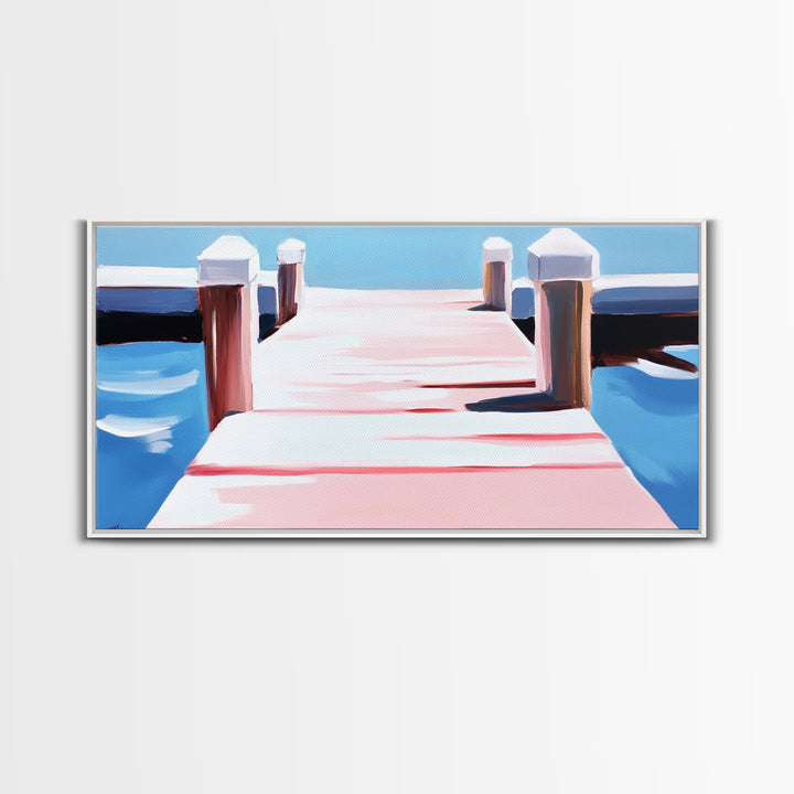 Dockside View, Nautical Art, Framed Canvas Print, Coastal Wall Decor, Beach House Aesthetic, Minimalist Ocean Painting