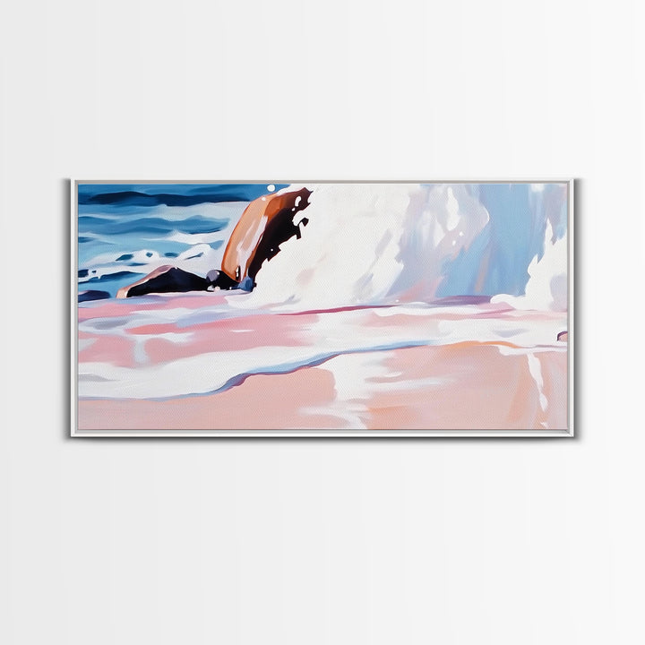 Rocky Shore, Wave Crash, Framed Canvas Print, Coastal Wall Art, Beach House Decor, Serene Seascape, Modern Ocean Painting