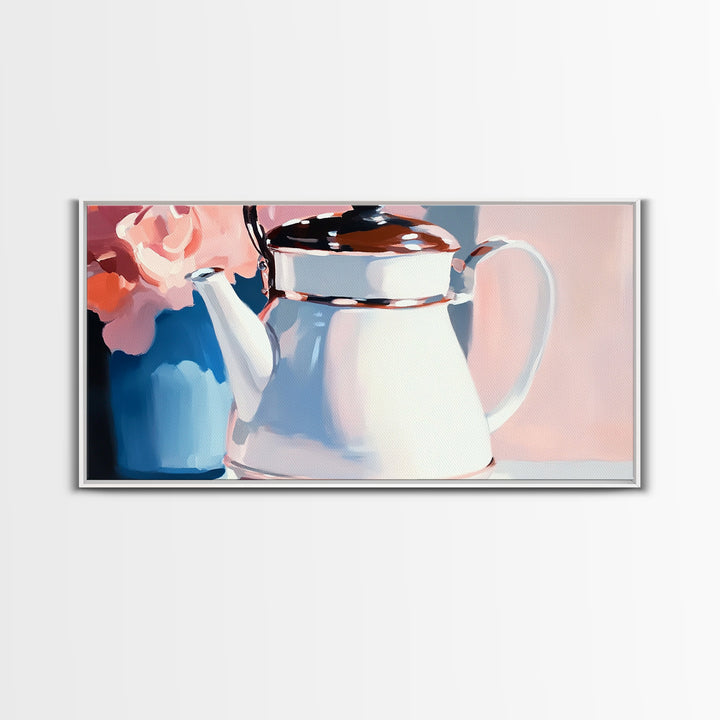 Teapot Charm, Vintage Still Life, Framed Canvas Print, Cottagecore Kitchen Decor, Shabby Chic Art, Pastel Home Aesthetic, Cozy Wall Art