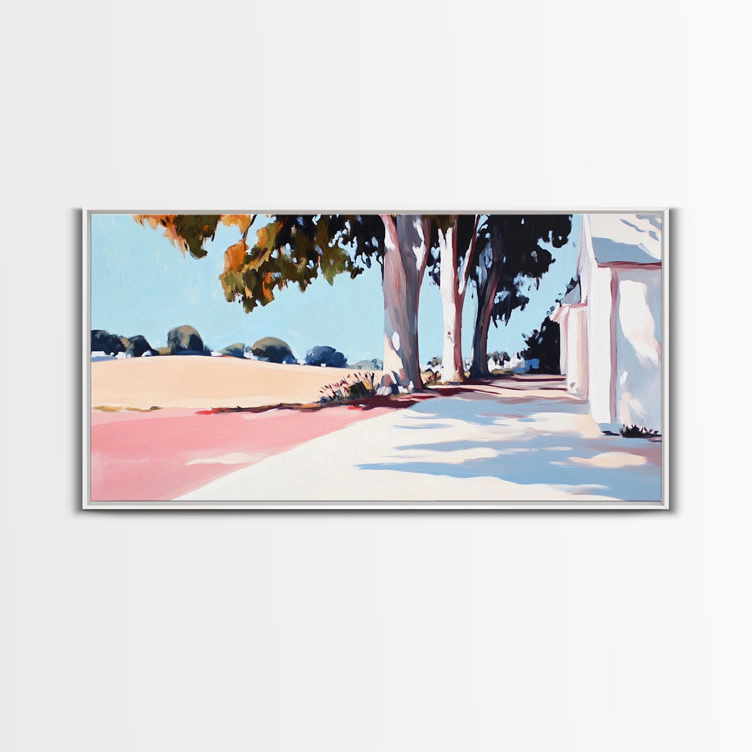 Country Road, Rural Landscape, Serene Nature, Golden Fields, Rustic Farmhouse, Countryside Charm, Warm Autumn Hues, Canvas Print