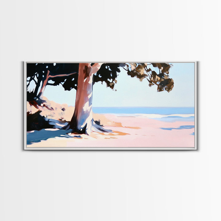 Coastal Tree, Beach Serenity, Ocean Landscape, Minimalist Aesthetic, Tranquil Seascape, Boho Decor, Nature Art, Framed Canvas Print