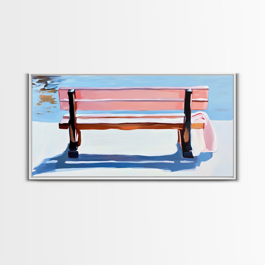 Park Bench, Peaceful Moment, Minimalist Art, Living Room Wall Art, Pastel Landscape, Framed Canvas Print, Impressionist Style, Soft Blue Pink
