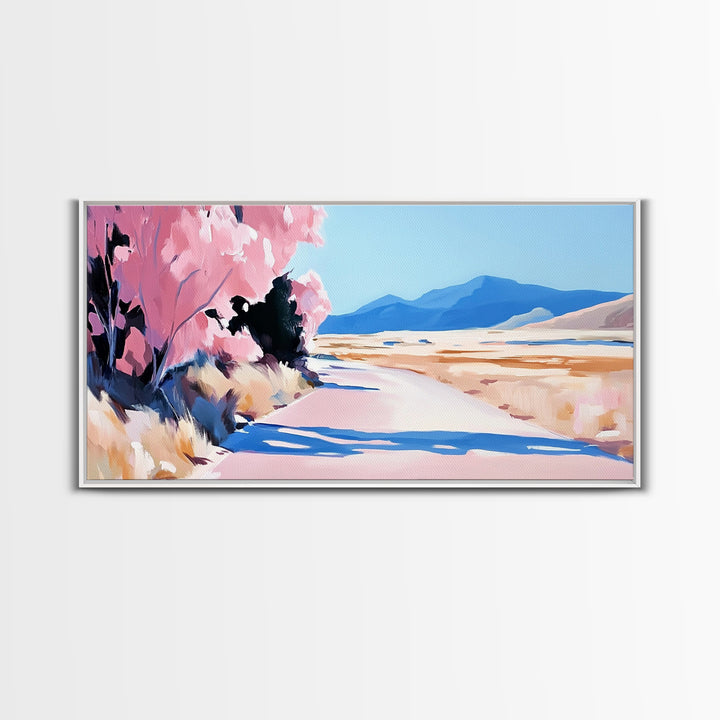 Blossoms, Mountain Path, Scenic Landscape Art, Nature Painting, Boho Decor, Framed Canvas Print, Pastel Pink Trees, Serene Wall Art