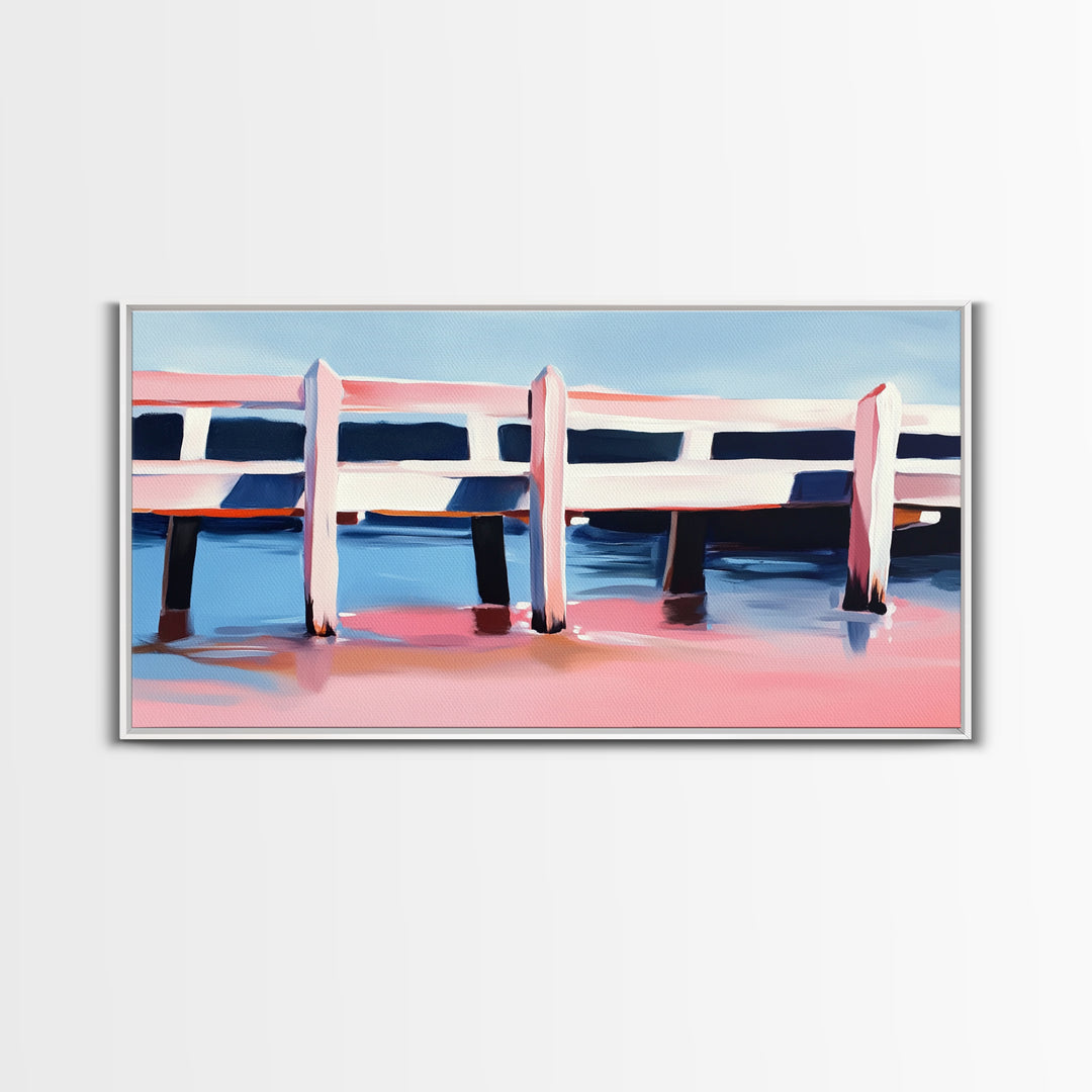 Dock, Reflections, Landscape Art, Nautical Decor, Serene Water Painting, Framed Canvas Print, Minimalist Seaside Art, Blue Pink Aesthetic