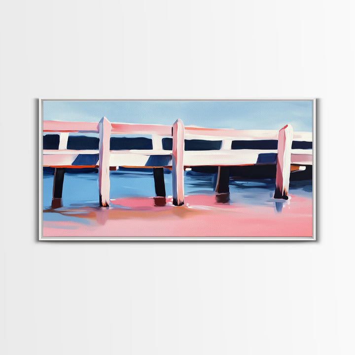 Dock, Reflections, Landscape Art, Nautical Decor, Serene Water Painting, Framed Canvas Print, Minimalist Seaside Art, Blue Pink Aesthetic