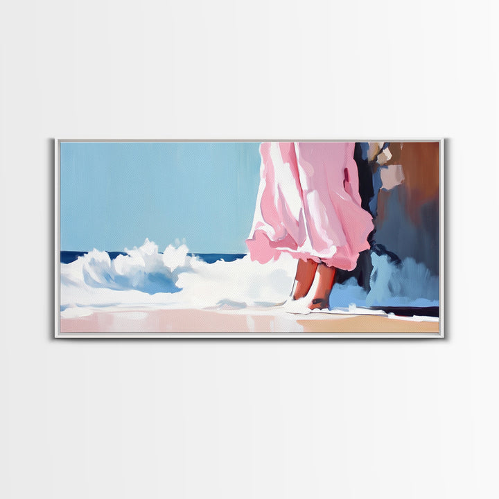Ocean Breeze, Pink Dress, Coastal Art, Modern Seascape, Minimalist Wall Art, Living Room Decor, Beach Aesthetic, Canvas Print