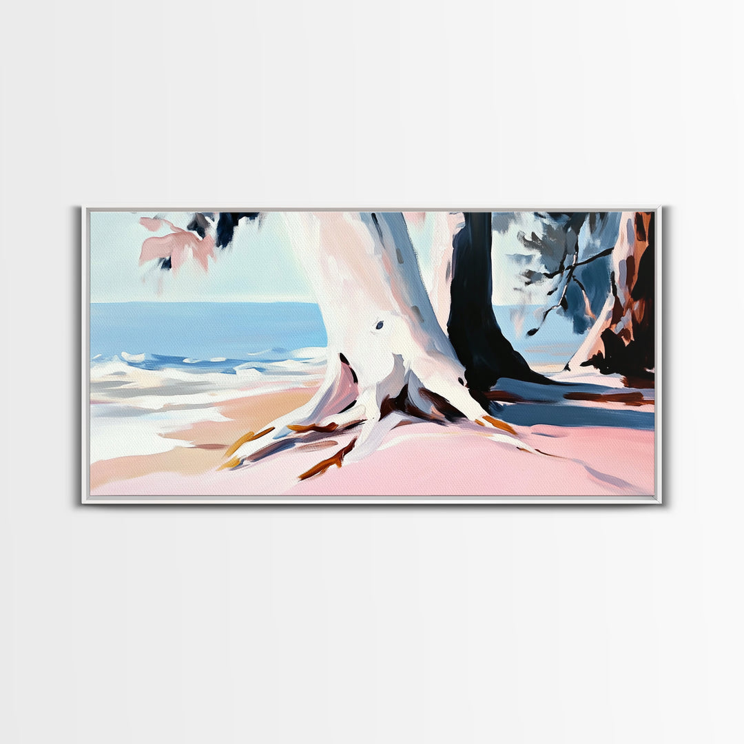 Beach Tree, Coastal Roots, Modern Nature Art, Minimalist Seascape, Living Room Wall Art, Tranquil Landscape, Canvas Print