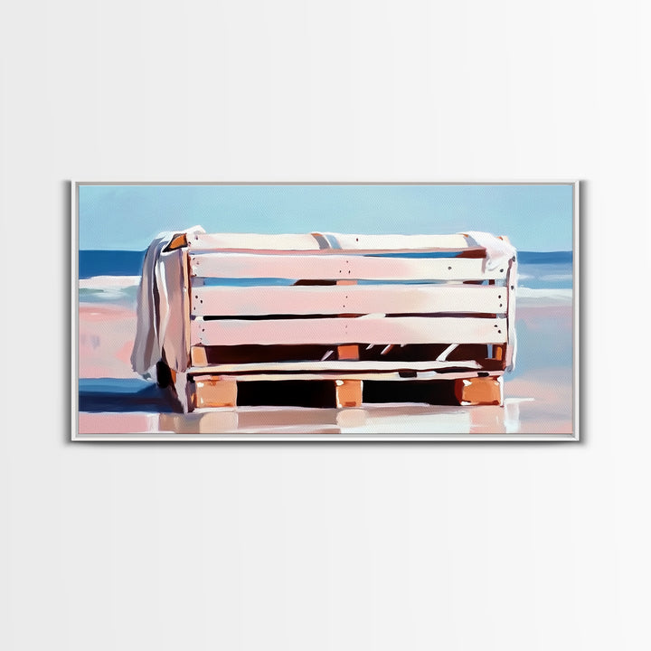 Beach Crate, Coastal Chic, Minimalist Seaside Art, Relaxing Ocean Decor, Modern Nautical Aesthetic, Living Room Wall Art, Canvas Print