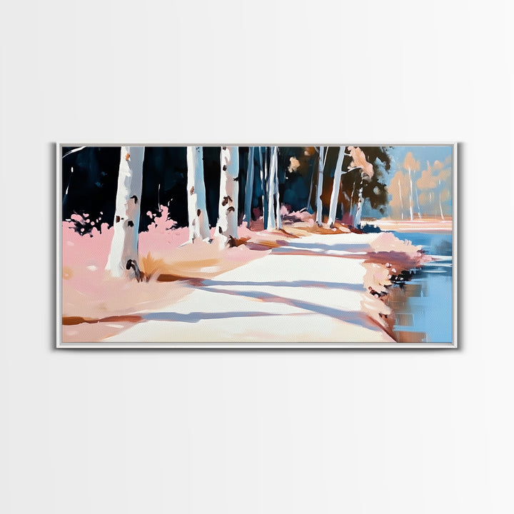 Birch Path, Autumn Landscape, Tranquil Nature Art, Minimalist Forest Print, Warm Neutral Tones, Living Room Wall Art, Canvas Print