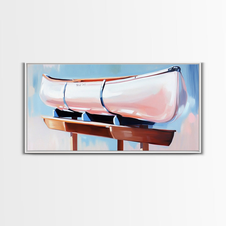 Canoe, Dockside View, Rustic Adventure Art, Cabin Wall Decor, Nature Inspired Aesthetic, Outdoor Enthusiast Gift, Framed Canvas Print