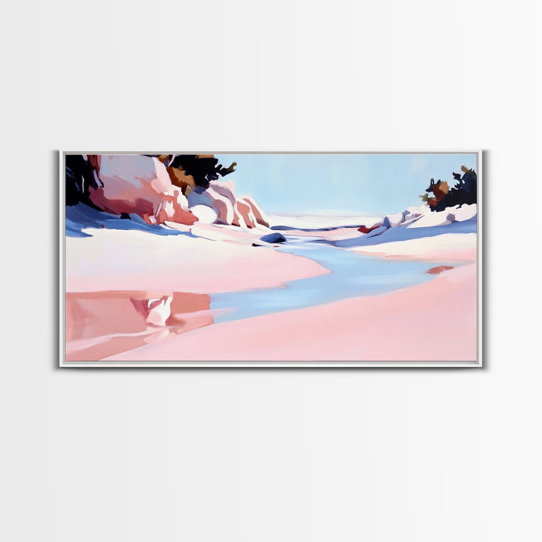 Desert River, Pastel Landscape, Western Aesthetic, Minimalist Nature Art, Boho Home Decor, Serene Wall Art, Framed Canvas Print