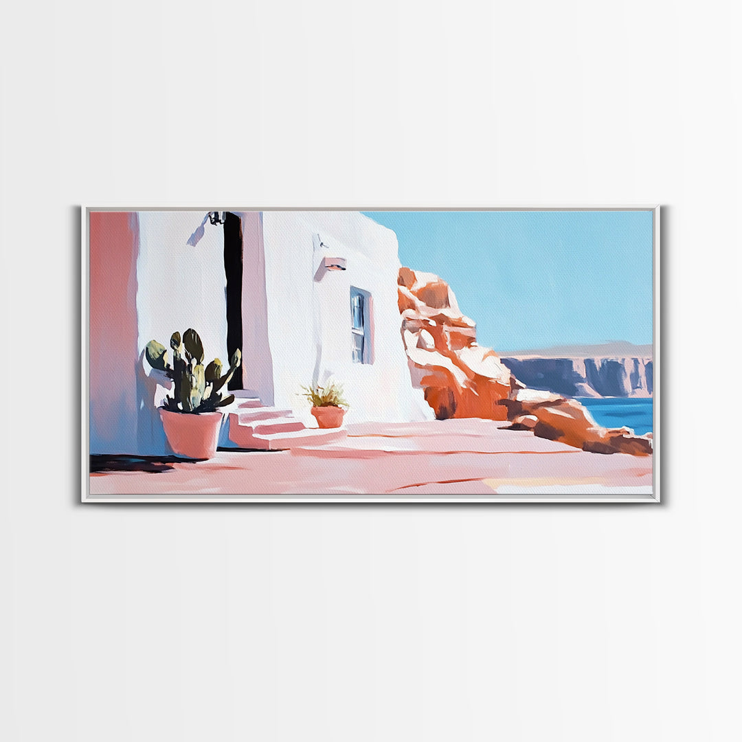 Cliffside House, Mediterranean Wall Art, Travel Print, Santorini Inspired Decor, Minimalist Aesthetic, Framed Canvas Print, Living Room