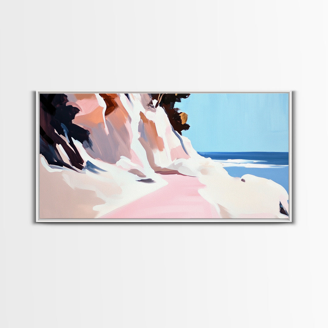 Coastal Path, Beach Cliffside Art, Ocean Landscape Print, Tranquil Summer Wall Art, Minimalist Pastel Decor, Framed Canvas Print
