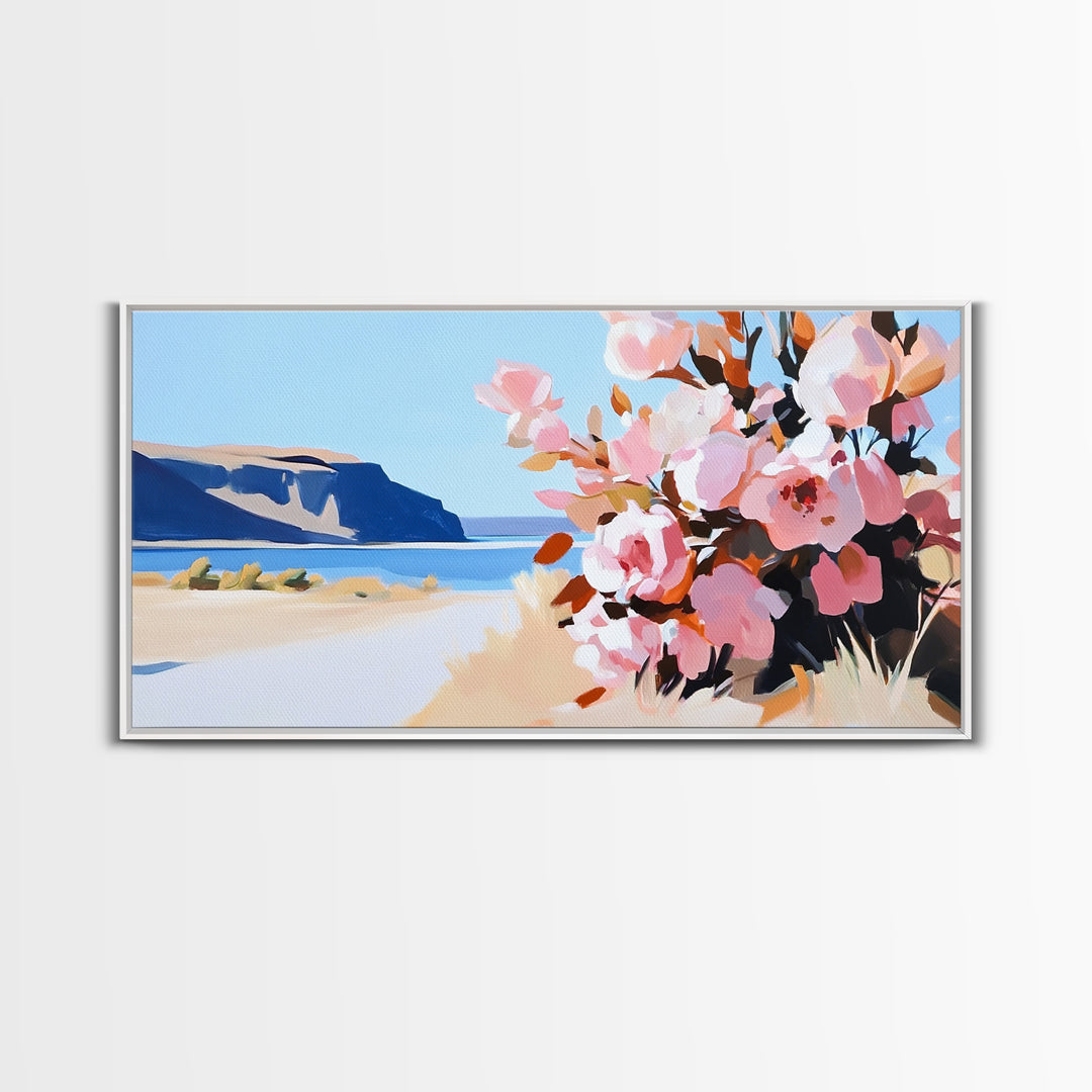Coastal Flowers, Blue Ocean, Beach Aesthetic, Vibrant Nature Art, Boho Wall Decor, Bedroom Art, Pink Floral Scene, Canvas Print