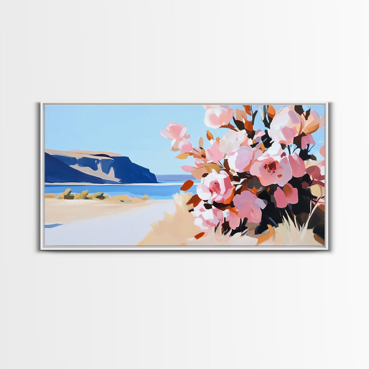 Coastal Flowers, Blue Ocean, Beach Aesthetic, Vibrant Nature Art, Boho Wall Decor, Bedroom Art, Pink Floral Scene, Canvas Print