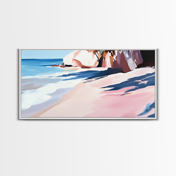Ocean Shoreline, Rocky Beach, Blue Waves, Canvas Print, Modern Coastal Art, Beach House Decor, Living Room Wall Art, Minimalist Seascape