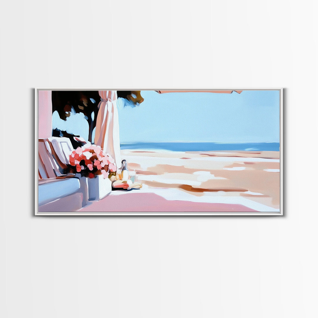 Beachside Terrace, Relaxing View, Oceanfront Art, Canvas Print, Coastal Home Decor, Nautical Painting, Living Room Wall Art, Blue Art