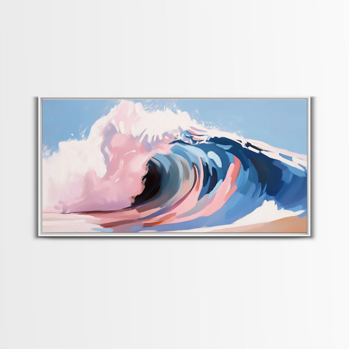 Ocean Wave, Abstract Seascape, Beach Aesthetic, Coastal Home, Canvas Print, Modern Beach House Wall Art, Blue and Pink Waves, Surf Art