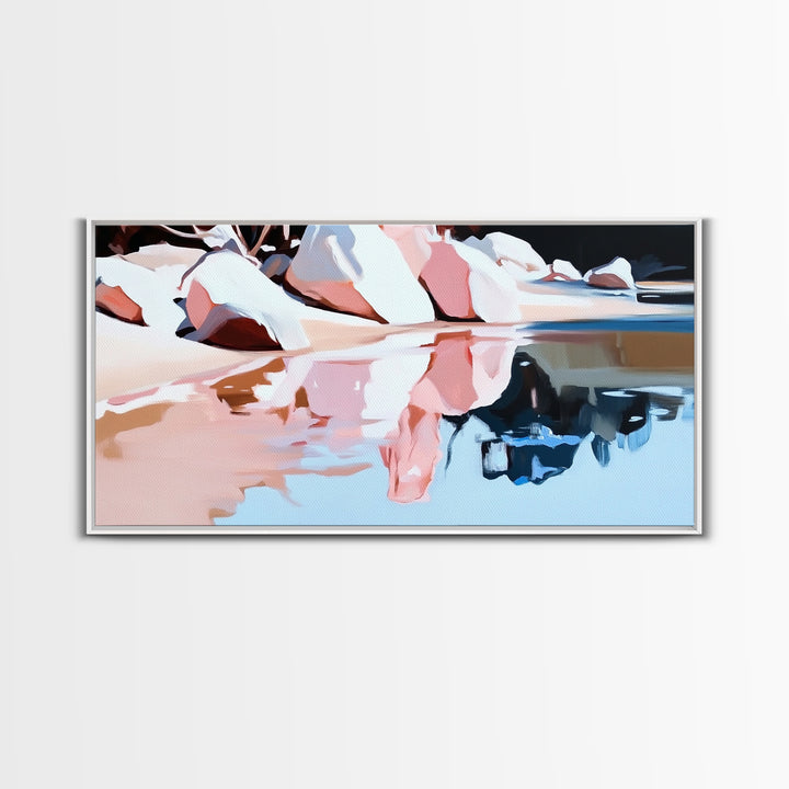 Beach Reflection, Coastal Landscape, Modern Seascape, Minimalist Decor, Framed Canvas Print, Ocean Tranquility, Relaxing Aesthetic