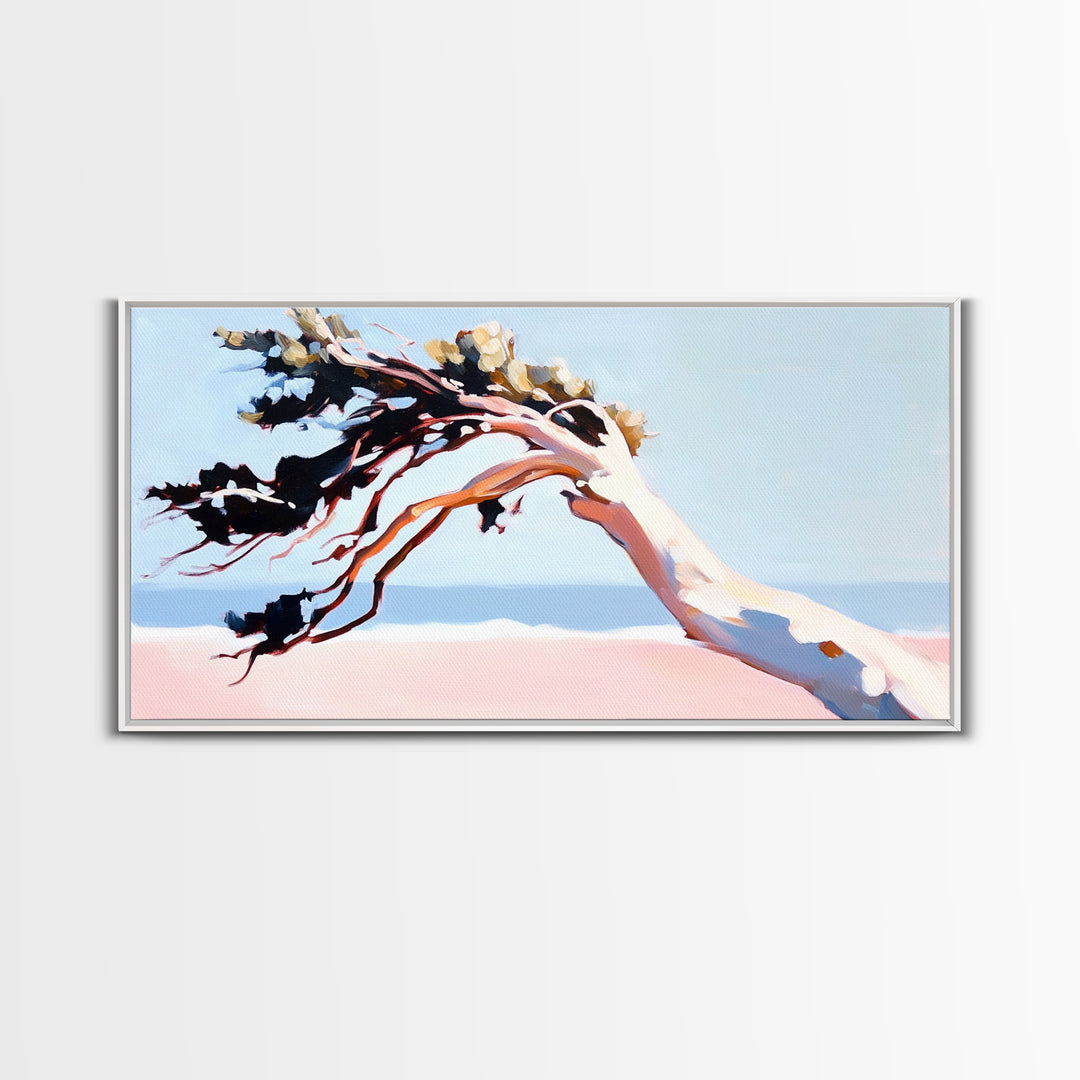 Coastal Tree, Windy Beach, Ocean Breeze, Framed Canvas Print, Minimalist Art, Coastal Wall Art, Living Room Wall Art, Beach House Decor