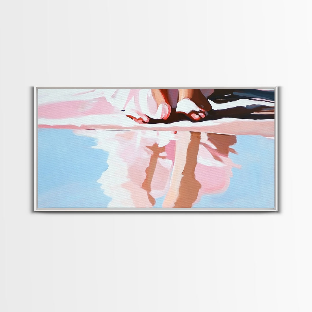 Barefoot Reflection, Sunlit Serenity, Beachside Calm, Framed Canvas Print, Coastal Home Decor, Ocean Art, Dreamy Seascape, Minimalist Aesthetic