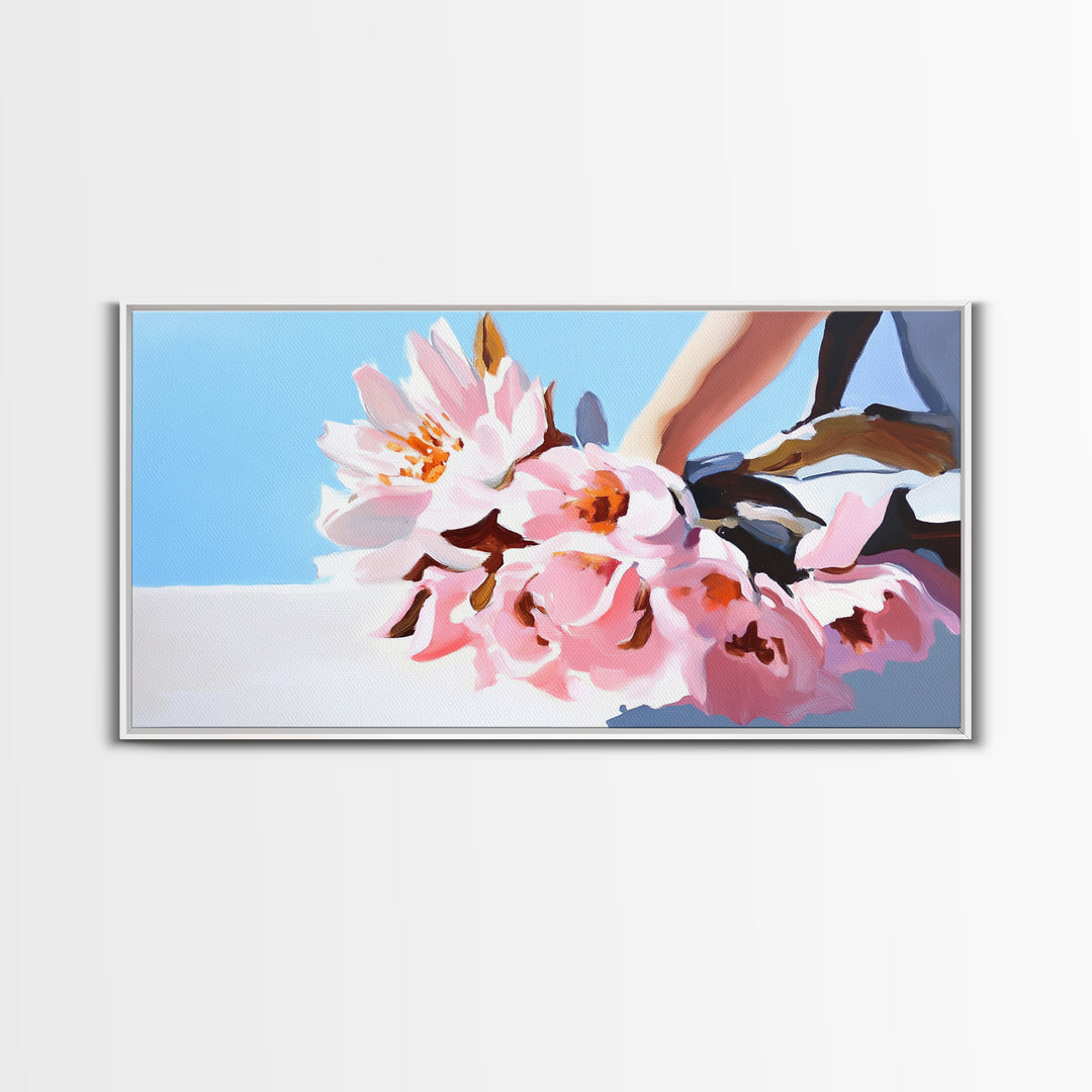 Blush Bouquet, Delicate Flowers, Feminine Touch, Framed Canvas Print, Soft Pastel Decor, Elegant Wall Art, Bedroom Aesthetic, Wedding Gift