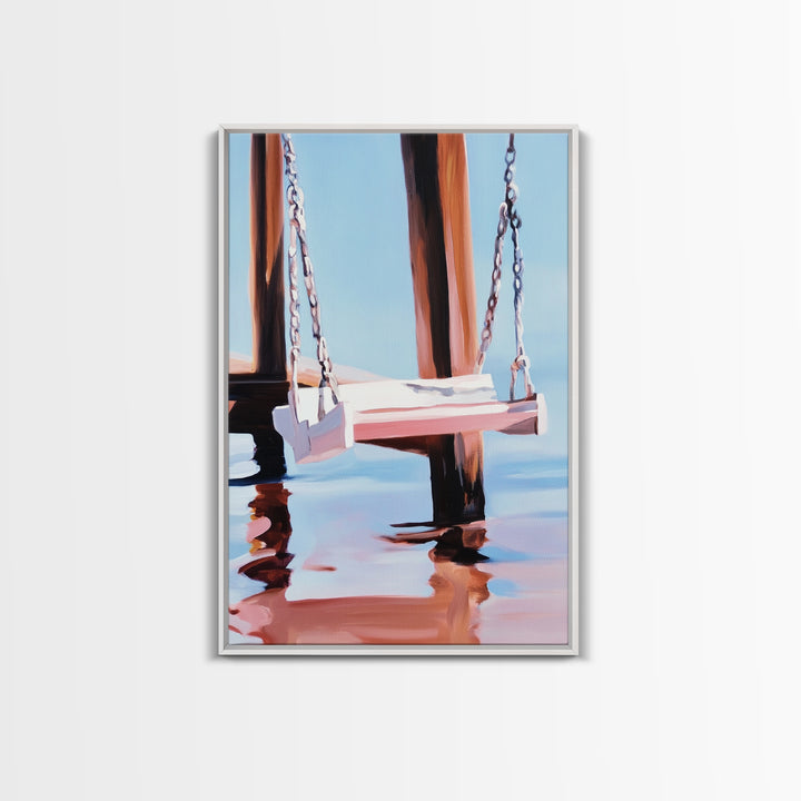 Dock Swing, Reflection Art, Nautical Decor, Relaxing Beach Scene, Minimalist Water Art, Canvas Print, Coastal Wall Art, Rustic Charm