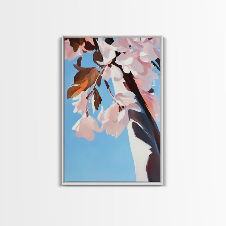 Cherry Blossom, Blue Sky, Framed Canvas Print, Spring Wall Art, Floral Painting, Pastel Decor, Nature Artwork, Bedroom Aesthetic