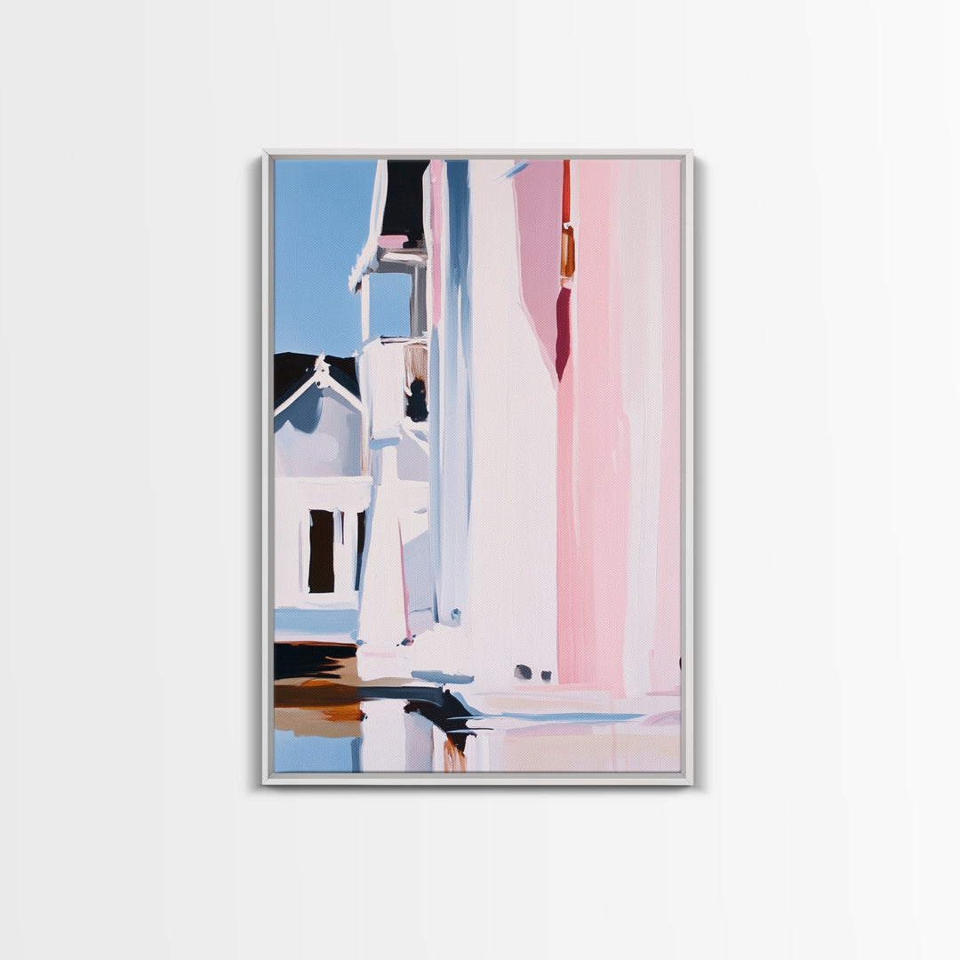Pink Cityscape, Modern Architecture, Framed Canvas Print, Minimalist Wall Art, Soft Pastel Decor, Urban Home Design, Contemporary Aesthetic
