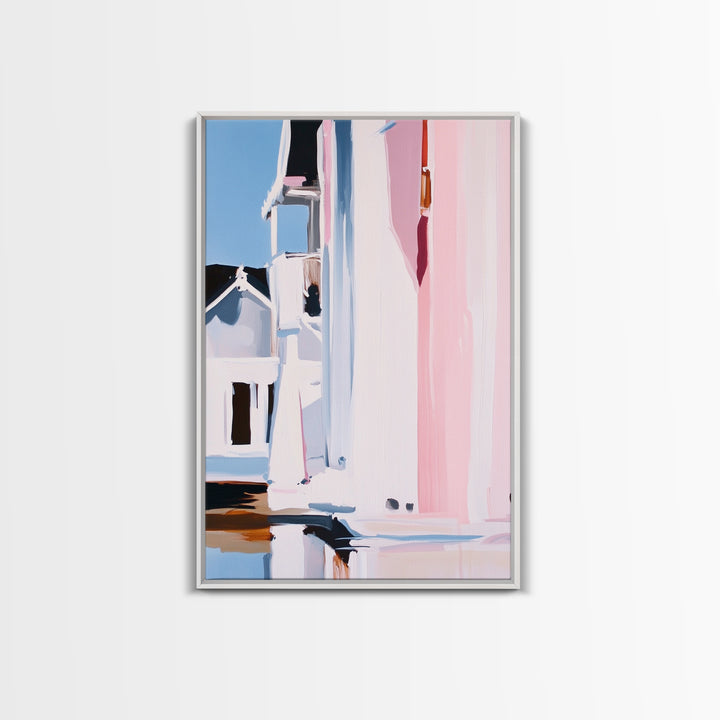 Pink Cityscape, Modern Architecture, Framed Canvas Print, Minimalist Wall Art, Soft Pastel Decor, Urban Home Design, Contemporary Aesthetic