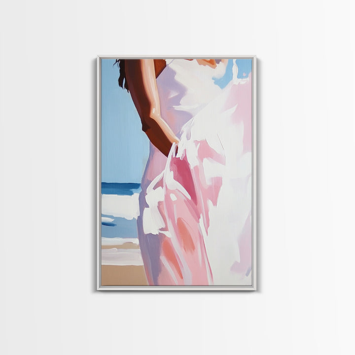 Beach, Dress, Breeze, Feminine, Canvas Print, Minimalist Art, Soft Pastel Art, Bedroom Wall Art, Aesthetic Home Decor, Coastal Wall Hanging