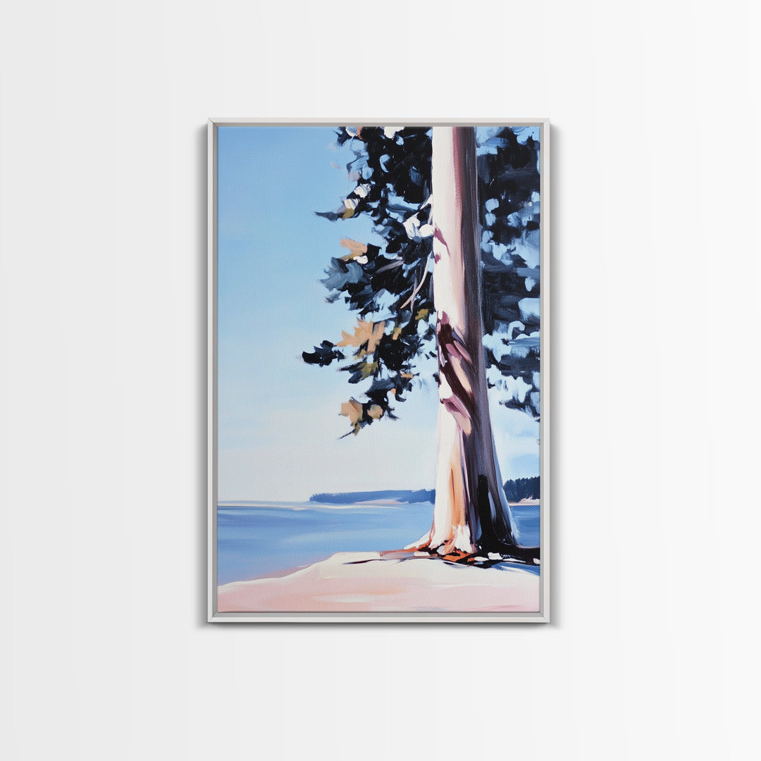 Coastal Tree, Lakeside Art, Tranquil Scene, Framed Canvas Print, Serene Nature Art, Minimalist Landscape, Living Room Wall Art