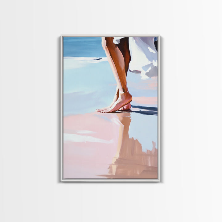 Barefoot Walk, Beach Reflection, Seaside Painting, Framed Canvas Print, Coastal Home Decor, Boho Art, Relaxing Bedroom Wall Art