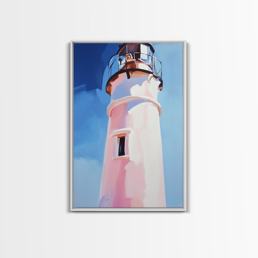 Coastal Lighthouse, Nautical Wall Art, Ocean Beach House, Framed Canvas Print, Minimalist Art, Living Room Wall Decor, Blue Sky