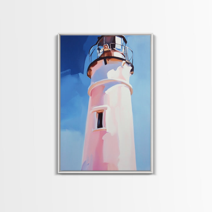 Coastal Lighthouse, Nautical Wall Art, Ocean Beach House, Framed Canvas Print, Minimalist Art, Living Room Wall Decor, Blue Sky