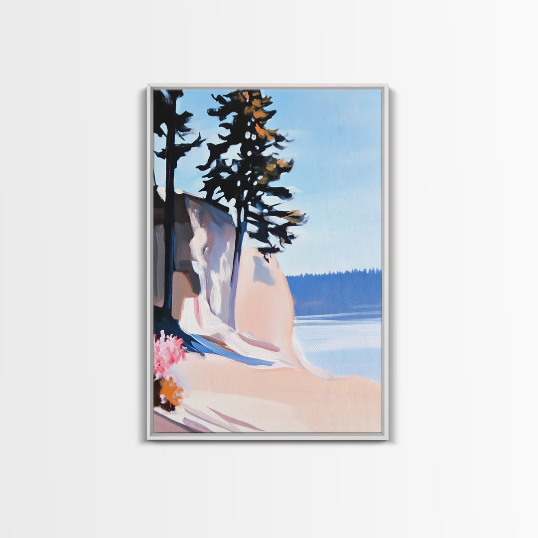 Cliffside View, Coastal Landscape Art, Ocean Breeze, Boho Wall Decor, Minimalist Painting, Relaxing Home Art, Framed Canvas Print, Scenic