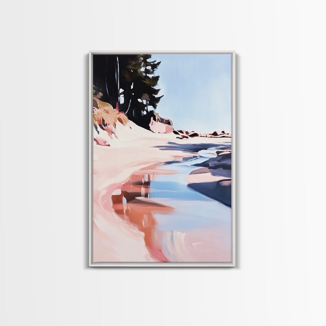 Coastal Forest Scene, Beach Landscape Art, Minimalist Seaside Painting, Framed Canvas Print, Boho Wall Decor, Nature Lover Gift, Bedroom Art