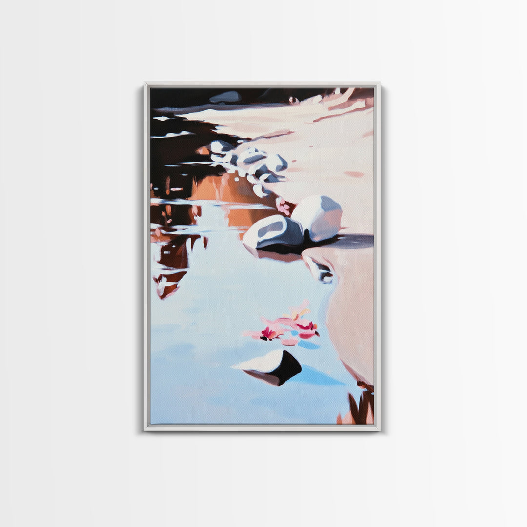 River Rock Art, Abstract Water Reflection, Serene Nature Print, Framed Canvas Print, Boho Landscape, Minimalist Decor, Living Room Art